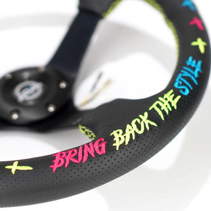 NRG Reinforced Steering Wheel - Oak Tree Outlaws 3in Deep/5mm Blk Spoke 350mm Wheel - Blk Perf Lthr