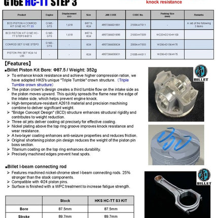HKS BCD Piston Kit G16E HC-TT STEP3 S3 D87.5