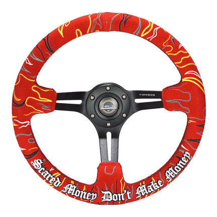 NRG Reinforced Steering Wheel (3in. Deep) Ryan Litteral Sig Blk Alcan, Red Stich, Flame Embroidery