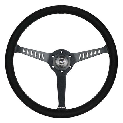 NRG Reinforced Stealth Wheel (380mm) 3 Spoke Center - 1in Deep Dish - Vegan Suede Red Stitch