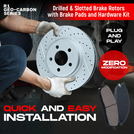 R1 17-20 Subaru BRZ Front & Rear Drill/Slot Carbon Coated Rotor Set w/Optimum Pads