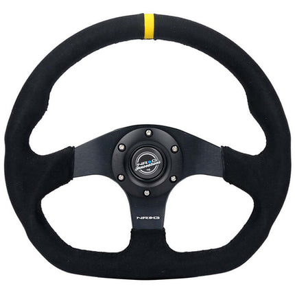 NRG Reinforced Steering Wheel (320mm) Sport Alcantara Flat Bottom w/ Yellow Center Mark