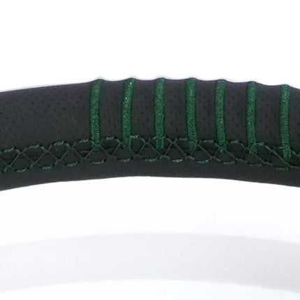 NRG Steering Wheel 1.5in Dish 350mm Black Perforated Leather - Emerald Stitching - Reinforced Spoke