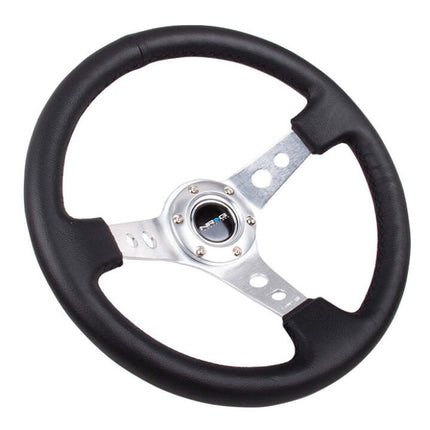 NRG Reinforced Steering Wheel (350mm/3in. Deep) White Leather w/Blk Spoke/Round Holes/White Stripes