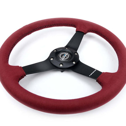 NRG Sport Wheel (350mm) 3 Solid Spokes - 1.5in Deep - Burgundy - Micro Suede - Black Stitching