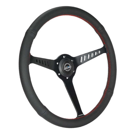 NRG Reinforced Stealth Wheel (380mm) 3 Spoke Center - 1in Deep Dish - Perforated Leather Red Stitch