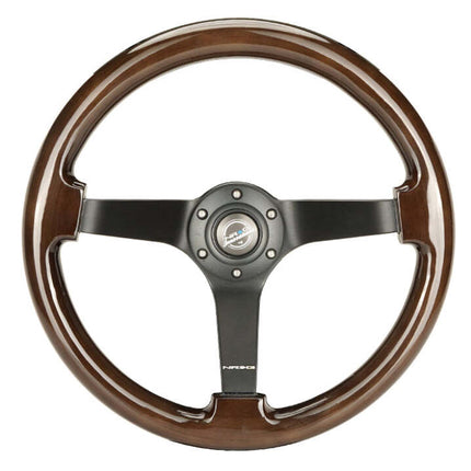 NRG Reinforced Steering Wheel (350mm) Dark Wood Grain - 3in Deep - Black 3-Spoke Center