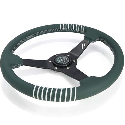 NRG Steering Wheel 1.5in Dish 350mm Black Perforated Leather - Emerald Stitching - Reinforced Spoke