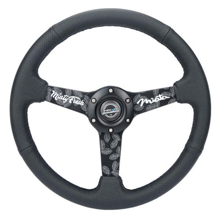 NRG Reinforced Black Perforated Leather Steering Wheel 350mm / 1.5in Deep w/ Goal Digger Blk Stitch