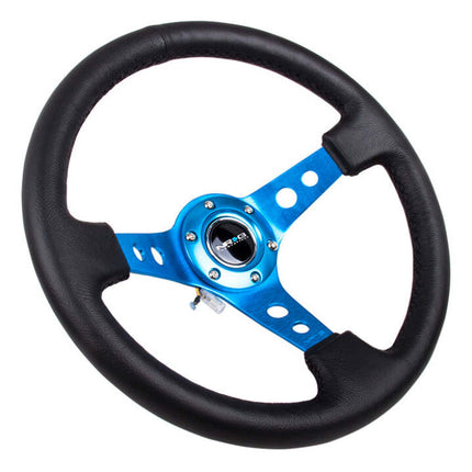 NRG Reinforced Steering Wheel (350mm/3in. Deep) White Leather w/Blk Spoke/Round Holes/White Stripes