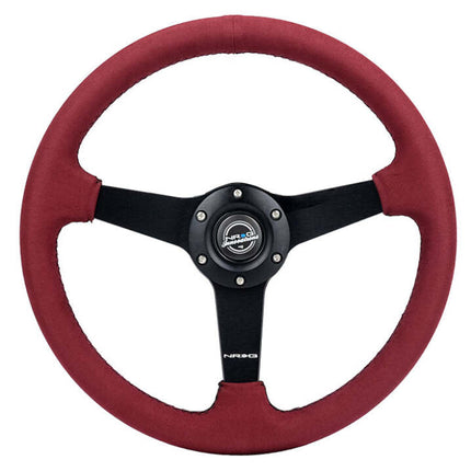 NRG Sport Wheel (350mm) 3 Solid Spokes - 1.5in Deep - Burgundy - Micro Suede - Black Stitching