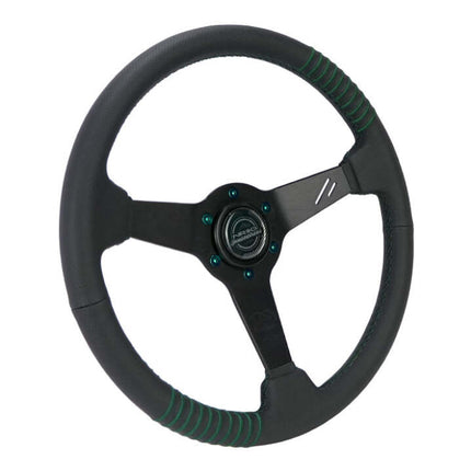 NRG Steering Wheel 1.5in Dish 350mm Black Perforated Leather - Emerald Stitching - Reinforced Spoke