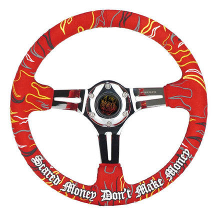 NRG Reinforced Steering Wheel R Litteral Sig 3in Deep/5mm Chrome Spoke - Red Alcantara w/ Red Stitch