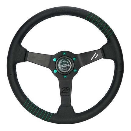 NRG Steering Wheel 1.5in Dish 350mm Black Perforated Leather - Emerald Stitching - Reinforced Spoke