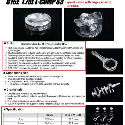 HKS BCD Piston Kit G16E 1.75L L-Comp S3 D88