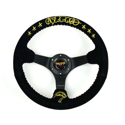 NRG Reinforced Black Perforated Leather Steering Wheel 350mm / 3in Deep w/ NVR Embroidery