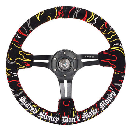 NRG Reinforced Steering Wheel (3in. Deep) Ryan Litteral Sig Red Alcan, Red Stich, Flame Embroidery