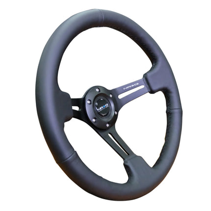 NRG Reinforced Steering Wheel (350mm / 3in. Deep) Blk Leather/Red Stitch w/Neochrome Slits