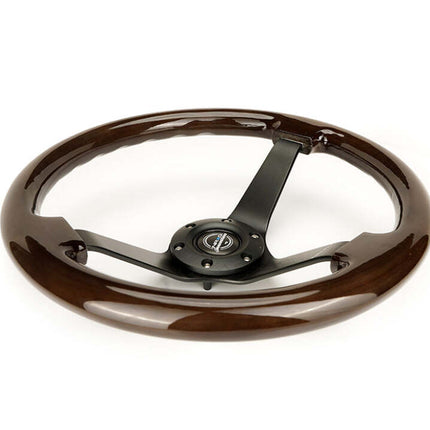 NRG Reinforced Steering Wheel (350mm) Dark Wood Grain - 3in Deep - Black 3-Spoke Center