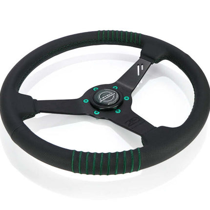 NRG Steering Wheel 1.5in Dish 350mm Black Perforated Leather - Emerald Stitching - Reinforced Spoke