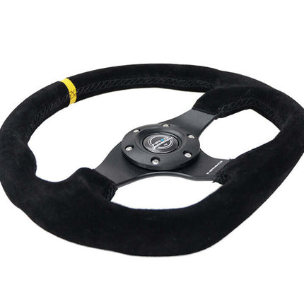 NRG Reinforced Steering Wheel (320mm) Sport Suede Flat Bottom w/ Yellow Center Mark