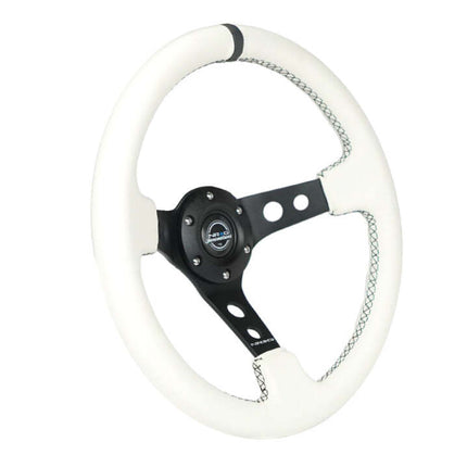 NRG Reinforced Steering Wheel (350mm/3in. Deep) White Leather w/Blk Spoke/Round Holes/White Stripes