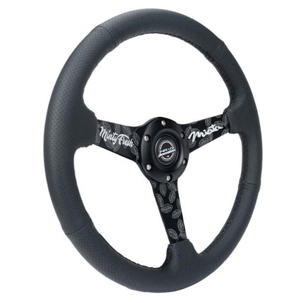 NRG Reinforced Black Perforated Leather Steering Wheel 350mm / 1.5in Deep w/ Goal Digger Blk Stitch