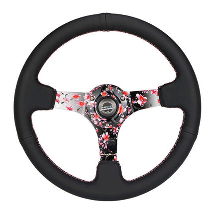 NRG Reinforced Steering Wheel (350mm/3in.) Hydro Dipped Sakura Floral w/ Pink Suede Black Stitch