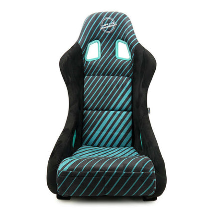 NRG FRP Bucket Seat - 20 Year Anniversary - Microfiber Black w/ Green Stripes & Arrow Design -Medium