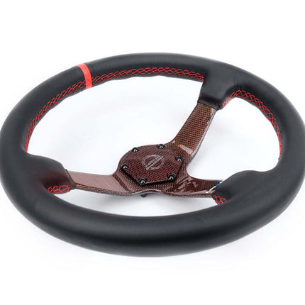 NRG Carbon Fiber Steering Wheel 350mm 3in Deep Red Carbon Fiber Red Stiching Red Center Mark Leather