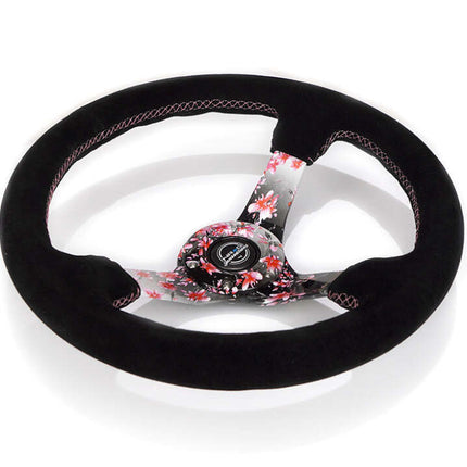 NRG Reinforced Steering Wheel (350mm) 3in Deep Pink Sakura Floral Solid Spoke - Black Suede/Stitch