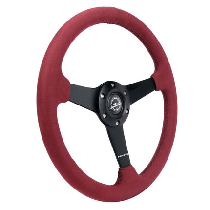 NRG Sport Wheel (350mm) 3 Solid Spokes - 1.5in Deep - Burgundy - Micro Suede - Black Stitching