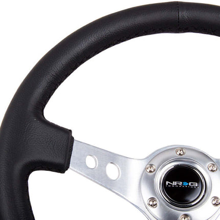 NRG Reinforced Steering Wheel (350mm/3in. Deep) White Leather w/Blk Spoke/Round Holes/White Stripes