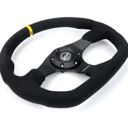 NRG Reinforced Steering Wheel (320mm) Sport Alcantara Flat Bottom w/ Yellow Center Mark