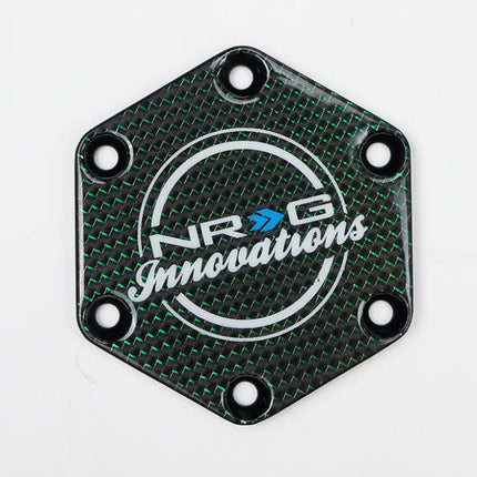 NRG Carbon Fiber w/ Green Texalium Fabrics Horn Delete Button Circular Logo Front/ Back
