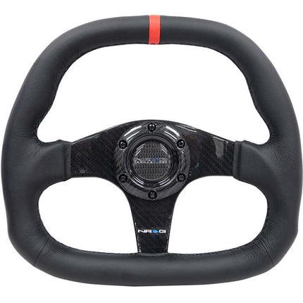 NRG Carbon Fiber Steering Wheel (320mm) Black CF Center w/Black Stitch Red Center Mark Flat Bottom