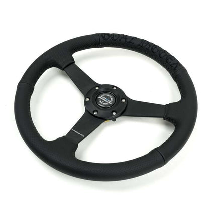 NRG Reinforced Black Perforated Leather Steering Wheel 350mm / 1.5in Deep w/ Goal Digger Blk Stitch