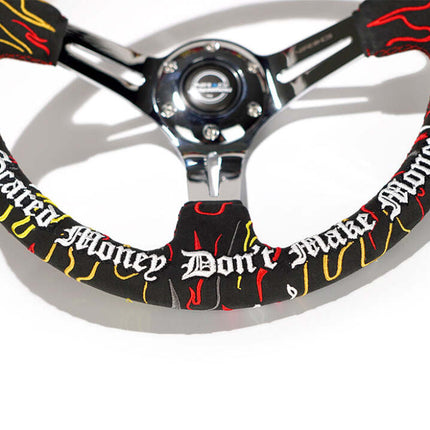 NRG Reinforced Steering Wheel R Litteral Sig 3in Deep/5mm Chrome Spoke - Blk Alcantara w/ Red Stitch