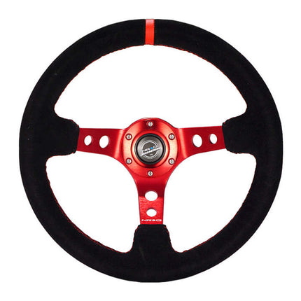 NRG Reinforced Steering Wheel (350mm / 3in. Deep) Blk Leather/Red Stitch w/Red Spoke
