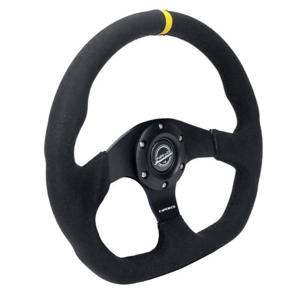 NRG Reinforced Steering Wheel (320mm) Sport Alcantara Flat Bottom w/ Yellow Center Mark