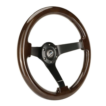 NRG Reinforced Steering Wheel (350mm) Dark Wood Grain - 3in Deep - Black 3-Spoke Center