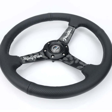 NRG Reinforced Black Perforated Leather Steering Wheel 350mm / 1.5in Deep w/ Goal Digger Blk Stitch