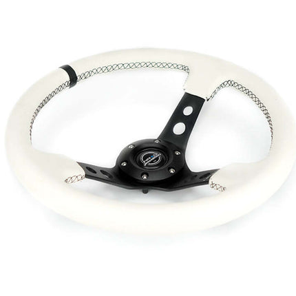 NRG Reinforced Steering Wheel (350mm/3in. Deep) White Leather w/Blk Spoke/Round Holes/White Stripes