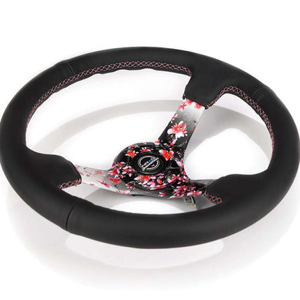 NRG Reinforced Steering Wheel (350mm/3in.) Hydro Dipped Sakura Floral w/ Pink Suede Black Stitch