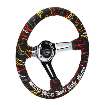 NRG Reinforced Steering Wheel R Litteral Sig 3in Deep/5mm Chrome Spoke - Blk Alcantara w/ Red Stitch