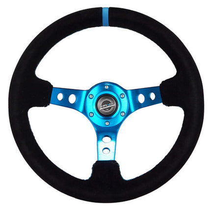 NRG Reinforced Steering Wheel (350mm) 3in Deep Blue Spoke W/ Holes - Black Suede Blue Stripe/Stitch