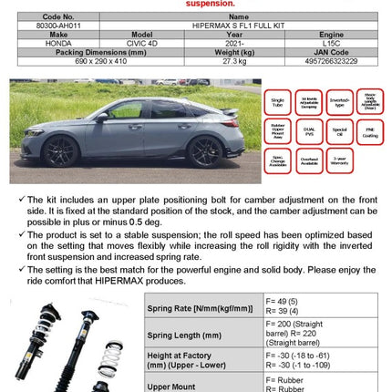 HKS 2021+ Honda Civic (FL1) Hipermax S Full Kit