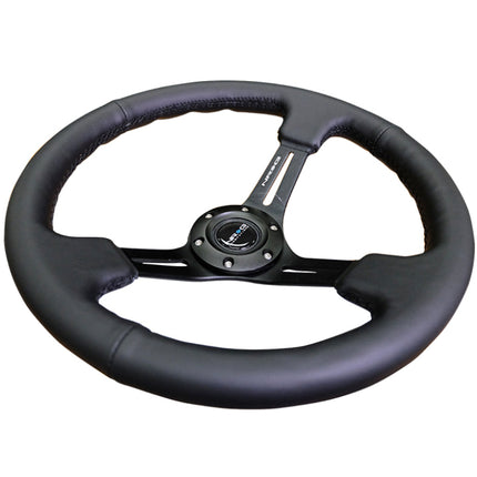NRG Reinforced Steering Wheel (350mm / 3in. Deep) Blk Leather/Red Stitch w/Neochrome Slits