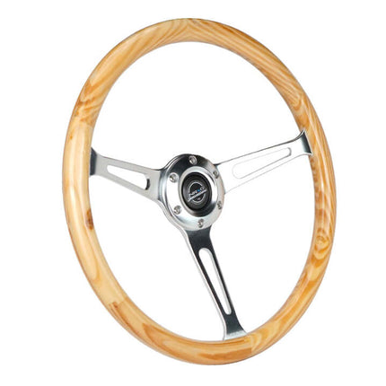 NRG Reinforced Steering Wheel (380mm) Light Wood Grain w/3-Spoke Center Shinny Chrome