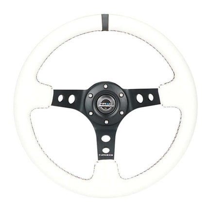NRG Reinforced Steering Wheel (350mm/3in. Deep) White Leather w/Blk Spoke/Round Holes/White Stripes